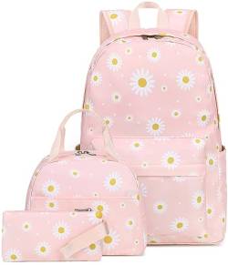 LEDAOU Schulrucksack Mädchen Kinderrucksack Schultasche Teenager Schul Rucksack für Kinder Schultaschen-Sets mit Lunchpaket und Federmäppchen(Weiße Gänseblümchen Rosa) von LEDAOU