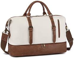 LEDAOU Weekender Damen Reisetasche Tasche mit Schuhfach Canvas Handgepäck Tasche Sporttasche Travel Bag (Beige) von LEDAOU