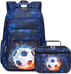 LEDAOU kinder schulrucksack Schulranzen jungs Mädchen teenager Rucksack schule mit Lunchtasche vorschule Grundschule(Fußball Schwarz Blau) von LEDAOU