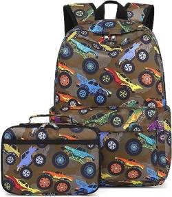 LEDAOU kinder schulrucksack Schulranzen jungs Mädchen teenager Rucksack schule mit Lunchtasche vorschule Grundschule(Geländewagen Braun) von LEDAOU