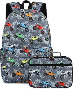 LEDAOU kinder schulrucksack Schulranzen jungs Mädchen teenager Rucksack schule mit Lunchtasche vorschule Grundschule(Geländewagen Grau) von LEDAOU