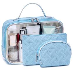 Reise Kosmetiktasche Set Kulturbeutel Damen klein 3 Stück Kosmetiktasche Durchsichtig Organizer (Quilt Blau) von LEDAOU