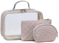 Reise Kosmetiktasche Set Kulturbeutel Damen klein 3 Stück Kosmetiktasche Durchsichtig Organizer (Quilt pink) von LEDAOU