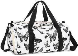 Turnbeutel Sport Duffle Bag mit Nasstasche Weekender Übernachtungstasche mit wasserdichtem Schuhbeutel und Luftloch für Männer Frauen Reise Faltbare Tasche, Butterfly Schwarz von LEDAOU