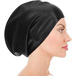 Badekappe für langes Haar, schwarz, Erwachsene, Unisex, Badekappe für Damen, Herren, Damen, Dreadlocks, Haarverlängerungen, Zöpfe, Locken, Afros, Silikon-Duschhaube (mittel) von LEDSHLIU