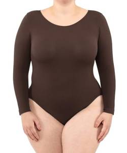 LEELA LAB Bodysuit Damen Größe Größen Langarm Gerippter Body, Verstellbarem Verschluss, Nahtloser Technologie - Made in Italy (Coffee, L/XL) von LEELA LAB