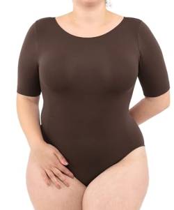 LEELA LAB Bodysuit Damen Größe Größen mit kurzen Ärmeln, Rundhalsausschnitt und Verstellbarem Verschluss, Nahtloser Technologie - Made in Italy (Coffee, 3XL) von LEELA LAB