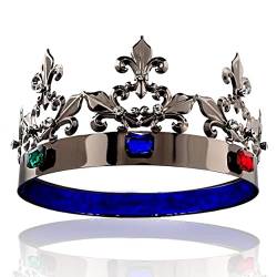 Herren König Königin Royal Barock Prinz Krone Runde Krone Haarschmuck für Kostüm Party Halloween Festzug Hochzeit (Schwarz mit bunten Stein) von LEEMASING