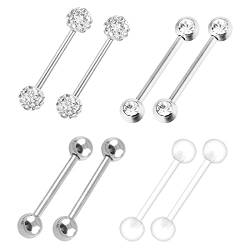 LEEQ 4 Paar Barbells Ring 316L Edelstahl Nippel Ringe Zirkonia Zunge Ringe Körper Piercing Schmuck, 14 Gauge von LEEQ