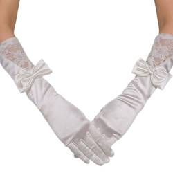 LEEQ Mädchen Hochzeit Handschuhe - Weiße Satin Kleider Handschuhe Lange Formelle Schleife Handschuhe für Erstkommunion Geburtstag Festzug Urlaub Maskerade Blumenmädchen von LEEQ