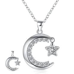 LEEQ Mond und Stern Anhänger Halskette aus 925er Silber mit Strass und runden Zirkonia - Eleganter Schmuck für jeden Anlass von LEEQ