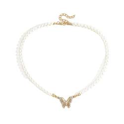 LEEQ Schmetterlings-Perlenkette für Damen,Strass Halsketten, Runde weiße simulierte Muschelperlenkette Festival GeburtstagsParty Halskette Schmuck für Frauen und Mädchen von LEEQ