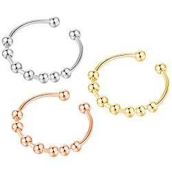 LEEQ Verstellbare Sterling Silber Bead Ringe für Angst Für Damen Männer Fidget Ringe zur Linderung von Angstzuständen mit Perlen Spinner Ring（3 Stück） von LEEQ