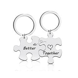LEEQBCR 2 Unisex Paar Schlüsselanhänger Edelstahl Anhänger Puzzle Silber Gravur "Better Together" Valentinstagsgeschenk von LEEQBCR