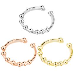 LEEQBCR 3 Stück Anxiety Ring Damen Anti Stress Ring Edelstahl Dekompressionsringe Set Angst Ring Verstellbar Spinner Drehbare Ringe Fidget Ring mit Perlen für Frauen Herren von LEEQBCR