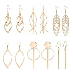 LEEQBCR 6 Paar Damen Mädchen Boho Ohrringe Edelstahl hypoallergene Ohrringe Quaste Blatt Welle Modeschmuck (Gold) von LEEQBCR