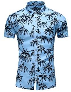 LEFTGU Herren bedrucktes Hawaii-Hemd mit Knopfleiste, schmale Passform, Hellblau 9019, X-Groß von LEFTGU
