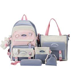 LEGVAEY 5 Stück Schultaschen Set Kawaii Mädchen Rucksäcke mit Anhänger Lunchtasche Federmäppchen Handtasche Münzbörse für Teenager Mädchen Rucksack, blau von LEGVAEY