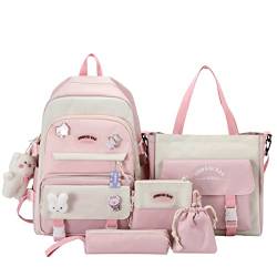 LEGVAEY 5-teiliges Schultaschen-Set, Kawaii-Rucksäcke mit Anhänger, Lunch-Tasche, Federmäppchen, Handtasche, Münzgeldbörse für Teenager, Teenager, Mädchen, rose, Modern von LEGVAEY