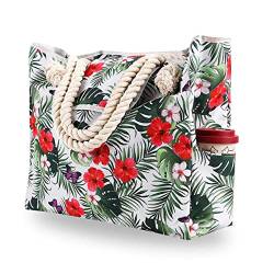 LEGVAEY Strandtasche Badetasche Wasserdichte Strandtasche Groß mit Reißverschluss Pool Tasche, Grüne Blätter mit roten Blumen, cm von LEGVAEY