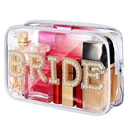 LEIFIDE Transparente Make-up-Tasche für die Braut, Kosmetiktasche mit Perle, mit Strasssteinen, Buchstaben, PVC, Kosmetiktasche, Reiseetui, Kulturbeutel, Braut, Geldbörse, Make-up-Tasche, tragbare von LEIFIDE