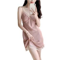 LEJAHAO Satin Nachthemd Damen Sexy Kurz mit Spitze Negligee Babydoll Spaghettiträger ärmellos V Ausschnitt Unterkleid Schlafkleid Nachtwäsche Cami Full Slip für Frauen Rosa L von LEJAHAO