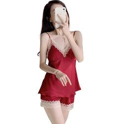 LEJAHAO Sexy Schlafanzug Damen Kurz Sommer Pyjama Set Satin Spitze Edel Zweiteiler Hausanzug Nachtwäsche Loungewear mit Ärmlos Cami Top Spaghettiträger und Shorts Negligee für Frauen Woman Rot von LEJAHAO