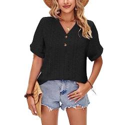 LEKOPUR Bluse Damen Sommer Kurzarm Tunika Shirt V Ausschnitt Damen Oberteile Frühling Elegant Sommerblusen Casual Lochmuster Blusenshirt Herbst Tshirt Top von LEKOPUR