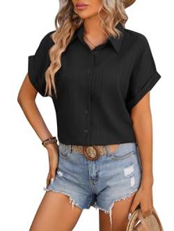 LEKOPUR Damen Bluse Schwarz Kurzarm Damenbluse Sommer Hemd Oberteil V Ausschnitt Damenblusen Casual Streifen Hemdbluse Musselin Blusen mit Kragen Tunika Shirt Tops von LEKOPUR