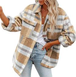 LEKOPUR Damen Kariertes Hemdjacke Holzfällerhemd Shacket Mantel Jacke Herbst Winter Hemdjacke Flanellhemd Karierte Hemd Bluse von LEKOPUR