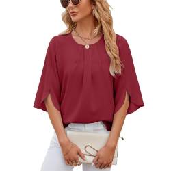 LEKOPUR Weinrot Oberteil Damen Elegant 3/4 Arm Bluse Tunika Chiffon Damenblusen Oberteile Einfarbig Frühling Herbst Blusenshirt Flowy Sommerbluse von LEKOPUR