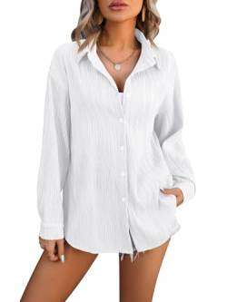 LEKOPUR Weiße Bluse Damen Elegant V Ausschnitt Hemd Tunika Langarm Welle Ringelshirt Damenblusen Festliche Oberteile Einfarbig Button Down Blusenshirt Longbluse von LEKOPUR