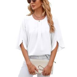 LEKOPUR Weiße Oberteil Damen Elegant 3/4 Arm Bluse Tunika Chiffon Damenblusen Oberteile Einfarbig Frühling Herbst Blusenshirt Flowy Sommerbluse von LEKOPUR