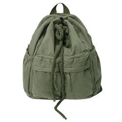 LEMITA Einfarbiger Rucksack Damen lässiger Retro-Mittelschulschüler-Schulbeutel mit Kordelzug gewaschener Rucksack Männer, grün von LEMITA