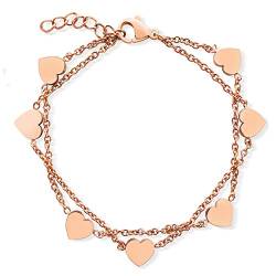 LENIRA® Herz Armband filigranes 7 Herz Armbändchen für Damen aus Edelstahl mit Gold und Roségold überzogen Armkettchen verstellbar 15-20 cm (Roségold) von LENIRA