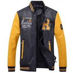 LEOCLOTHO Herren Baseballjacke Casual Collegejacke Leichte Gedruckt PU-Leder Jacke mit Stehkragen Gelb 2XL von LEOCLOTHO