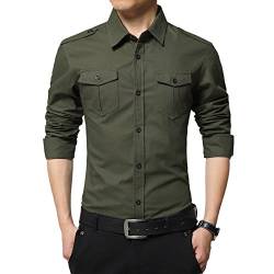 LEOCLOTHO Herren Langarm Hemd Slim Fit Armee-Stil Einfarbig Hemden Shirt Armeegrün L von LEOCLOTHO