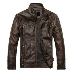 LEOCLOTHO Herren Lederjacke Retro Biker Kunstleder Jacke Freizeitjacke Übergangsjacke mit Stehkragen Braun L von LEOCLOTHO