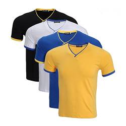 LEOCLOTHO Herren T Shirt mit V Ausschnitt Kurze Ärmel Elastisch Hemd Basic Einfarbig T Shirts 3er 4er 5er Pack (4SchwarzWeissBlauGelb, XL) von LEOCLOTHO