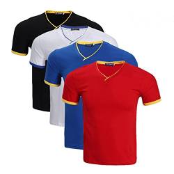 LEOCLOTHO Herren T Shirt mit V Ausschnitt Kurze Ärmel Elastisch Hemd Basic Einfarbig T Shirts Pack 4(schwarz ,weiß,blau,rot), L von LEOCLOTHO