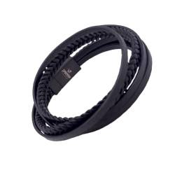 LEODYNE Geflochtenes Wickelarmband aus Leder in schwarz oder braun - Armband Herren mit Magnetverschluss aus Edelstahl Lederarmband Männer (L - 21.5cm, Schwarzes Leder, schwarzer Edelstahlverschluss) von LEODYNE