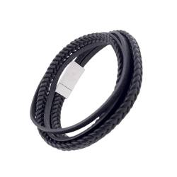 LEODYNE Geflochtenes Wickelarmband aus Leder in schwarz oder braun - Armband Herren mit Magnetverschluss aus Edelstahl Lederarmband Männer (M - 19.5cm, Schwarzes Leder, Edelstahlverschluss) von LEODYNE