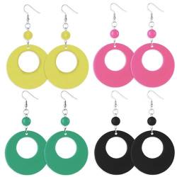 4 Paar Neon Ohrringe Acryl, Damen Runde Acryl Ohrringe Retro 80er Jahre, Vintage Neonfarben Rund Baumelnde Neon Ohrringe Bunt Modische 90er Jahre Outfit Party Kostüm Zubehör (Rosa,Grün,Gelb,Schwarz) von LEOEASIY