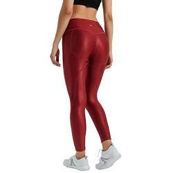 LEOHEX Damen Glänzend Splicing Mid Rise Legging Naked Feeling Stretch Workout Yogahose (S, Weinrot) von LEOHEX