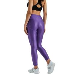 LEOHEX Damen Glänzend Splicing Mid Rise Legging Naked Feeling Stretch Workout Yogahose (XXL, Violett) von LEOHEX