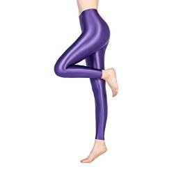 LEOHOX Sexy ölige Glänzende Blickdichte Damen Liquid Stretch High Rise Hochglanzgamaschen Strumpfhose Sport Leggings Fitness(L,Violett) von LEOHEX