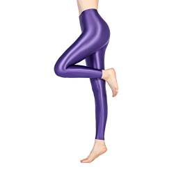 LEOHOX Sexy ölige Glänzende Blickdichte Damen Liquid Stretch High Rise Hochglanzgamaschen Strumpfhose Sport Leggings Fitness(M,Violett) von LEOHEX