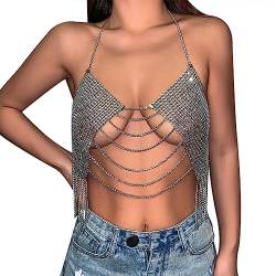 Frauen Sexy Sparkle Strass Rave Fischnetz Crop Top Sparkly Neckholder Tank Top Quaste Camisole Outfit Clubwear, Kette - Silber, Einheitsgröße von LEOMOSTE