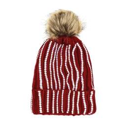 LEOMOSTE Damen Mädchen Winter Pailletten Beanie Mütze mit Kunstfell Pom Pom Knit Skull Cap, Glänzend rot, Einheitsgröße von LEOMOSTE