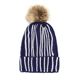 LEOMOSTE Damen Mädchen Winter Pailletten Beanie Mütze mit Kunstfell Pom Pom Knit Skull Cap, Glänzendes Blau, Einheitsgröße von LEOMOSTE